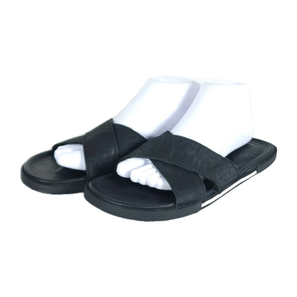 UGG Men's Brookside US 7 Black Leather Criss Cross Flat Slide Sandals Shoes